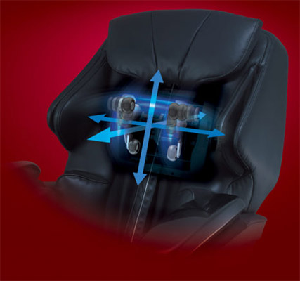 MAJ7 Massage Chair black variant and an illustration of its rollers and blue arrows pointing up and down, left and right