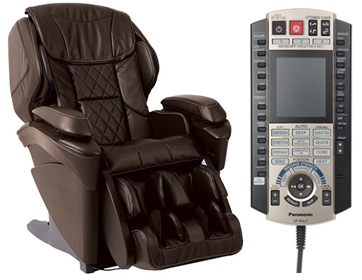 Panasonic Massage Chair MAJ7 brown variant and its old school wired remote with a small LCD screen and several buttons