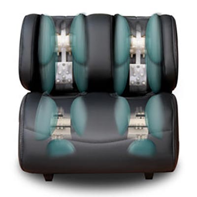 Ion 3D Massage Chair leg ports with airbags and rollers for the calves and airbags and rollers for the feet