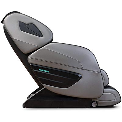 Relaxonchair Ion 3D Massage Chair with champagne gray exterior, black base, and brand name in blue green letters on the side