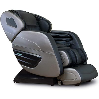 Relaxonchair Ion 3D Massage Chair with black faux leather upholstery, champagne gray exterior, and black base
