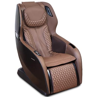 Relaxonchair Rio with brown PU upholstery, neck cushion, remote built into one arm, and hidden leg ports
