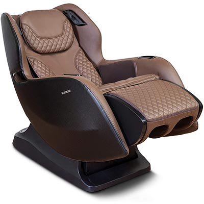 Relaxonchair Rio with coffee-colored PU upholstery and in zero gravity recline with the leg ports elevated