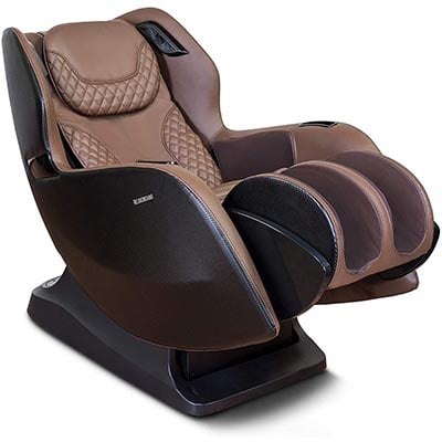 Rio Massage Chair with brown PU upholstery and in zero gravity recline with the leg ports slightly elevated