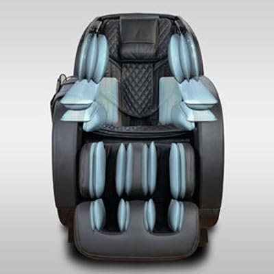 Relaxonchair Yukon 4D and an illustration of its airbags at the shoulders, waist, arms, lower back, calves, and feet