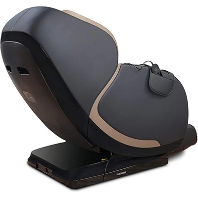 Relaxonchair Yukon 4D Massage Chair with black genuine leather upholstery, burnt bronze highlights, and a remote pouch