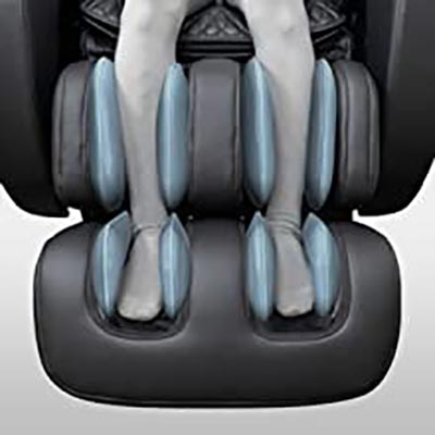 Yukon 4D Massage Chair's leg ports with airbags for the calves and feet and an illustration of a man sitting on the chair