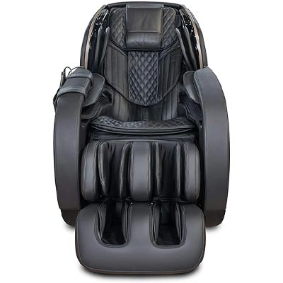 Yukon 4D Massage Chair with black genuine leather upholstery and a pouch for the wired remote on one arm