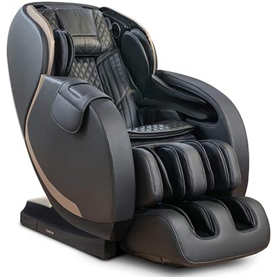Relaxonchair Yukon 4D with black genuine leather upholstery, burnt bronze highlights, and a pouch for the remote on one arm