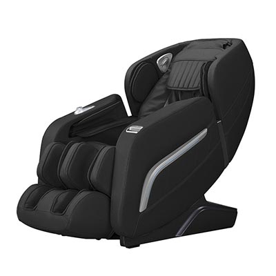 iRest A306 Massage Chair with black PU upholstery and exterior, silver highlights, and basic controls on the chair arm
