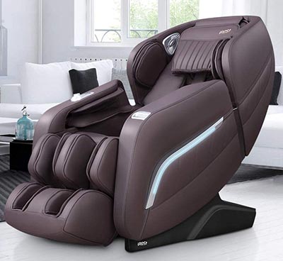iRest A306 Massage Chair with dark brown PU upholstery and exterior, baby blue LED lights on the side, and black base