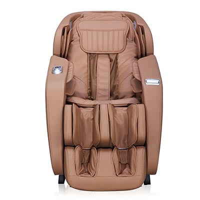 iRest A306 with caramel-colored PU upholstery, basic control buttons, USB port, and Bluetooth speakers in the headrest