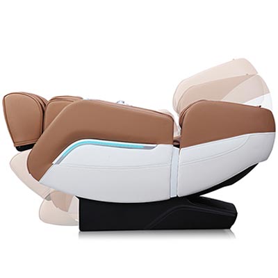 iRest A306 with light brown PU upholstery and in zero gravity recline with the legports elevated slightly above the heart