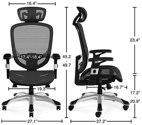 FlexFit Hyken Mesh Chair black variant and its dimensions