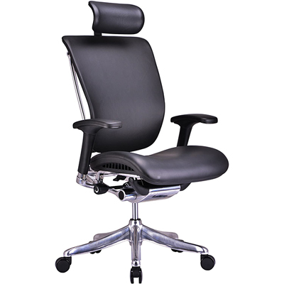 GM Seating Enklave with black top-grain leather for the seat, back, and headrest, black armrests, and chrome frame and base