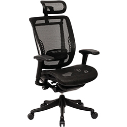 GM Seating Enklave with black mesh for the headrest, back, and seat, adjustable armrests, and black frame and base
