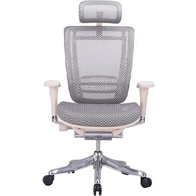 GM Seating Enklave with white armrests, chrome base and frame, and light gray mesh for the seat, headrest, and seatback