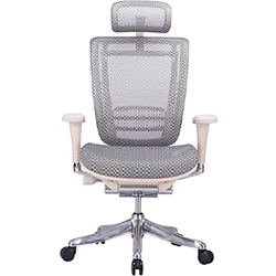 Enklave office chair with grey mesh for the seat, headrest, and back, white armrests, and chrome frame and base