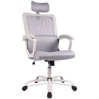 Office chair with grey mesh back and headrest, grey lumbar cushion, thick seat cushion, and white frame