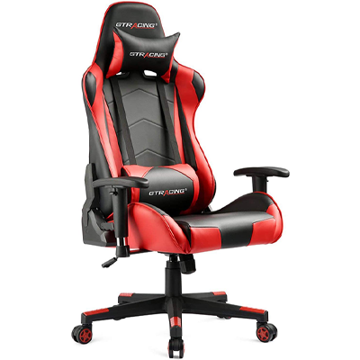Gtracing Gaming Chair with black and red PU upholstery, metal frame, headrest pillow, and lumbar cushion