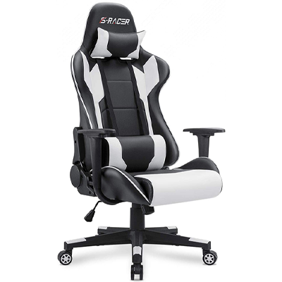 Homall Gaming Chair with black and white PU upholstery, plush shaping foam, and thick steel frame