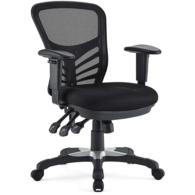 Black Modway office chair with mesh back, thick seat cushion, two-tone base, and three adjustment levers under the seat