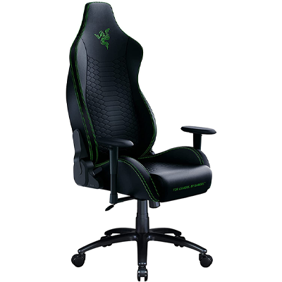 Razer Iskur X Ergonomic Gaming Chair, with black PVC leather upholstery, black frame, and green stitching