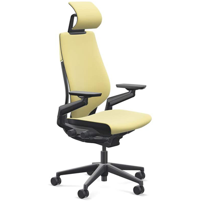 Steelcase Gesture Office Chair in canary yellow upholstery, with wrapped back black frame, headrest, and adjustable armrests