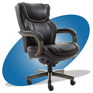 Harnett Executive Office Chair with black bonded leather upholstery, solid wood arms and base and thick seat and back cushion
