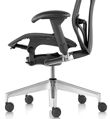 Herman Miller Mirra 2 chair with graphite frame, adjustable armrests, mesh seat, and polished aluminum base