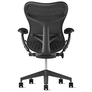 Butterfly Back of Herman Miller Mirra in all black and graphite frame and with polymer woven into the mesh 