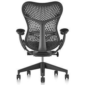 TriFlex Back of Herman Miller Mirra Office Chair in all black, with breathable back seat and graphite base frame