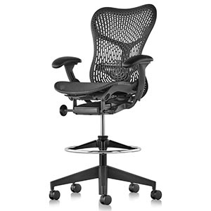 Herman Miller Mirra Stool in all black and with Triflex back, mesh seat, and adjustable footrest