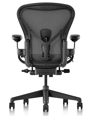 Herman Miller Aeron in all black with breathable mesh seat and seatback, adjustable armrests, and black base