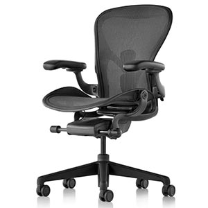 Aeron Office Chair in all black with mesh seat and seatback, adjustable armrests, black frame and base