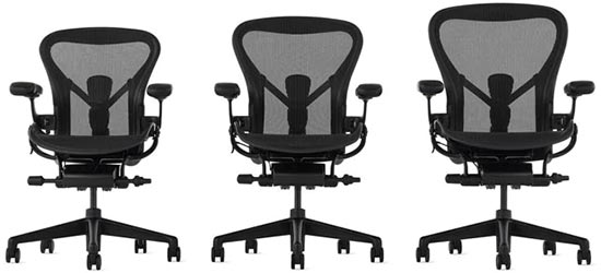 The three different seat sizes or variants of the Herman Miller Aeron in all black