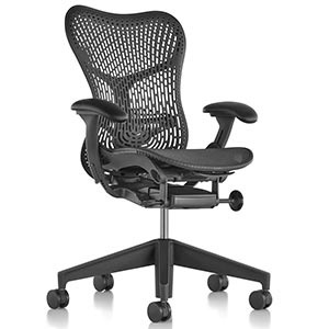 Herman Miller Mirra Chair with black frame, black base and casters, mesh seat, and Triflex back