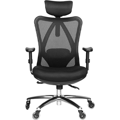 Duramont chair in black, with mesh backrest, thick seat foam cushion, padded armrests and headrest, and rollerblade casters