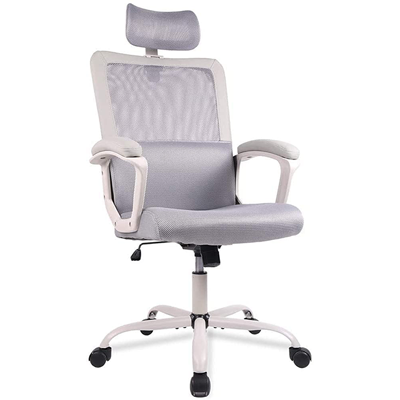 Ergonomic office chair with grey mesh back and headrest, thick grey seat cushion, grey lumbar support pillow, and white frame