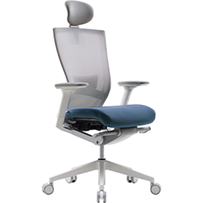 SIDIZ T50 chair with blue fabric seat cushion and gray mesh backrest, cushioned headrest and armrest