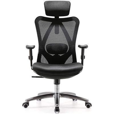 SIHOO chair in all black, with mesh backrest, thick seat cushion, adjustable lumbar pillow, and aluminum alloy base