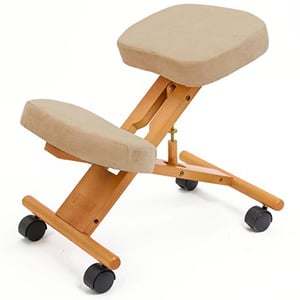 Forever Beauty Ergonomic Adjustable Kneeling Stool with beech wood frame, padded seat and knee pads covered with beige fabric