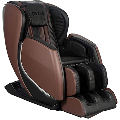 Kyota E330 Kofuku Massage Chair with black PU upholstery, chocolate brown exterior, and silver highlights on the side