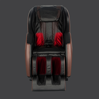 Kofuko Massage Chair brown variant and an illustration of its heating system in the lumbar area