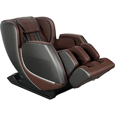 Kyota Kofuko Massage Chair with brown PU upholstery and in slight recline with the leg ports elevated