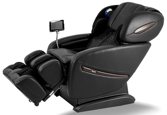 Osaki Pro Alpina Massage Chair black variant with a tablet mounted to one side of the seat and the legports elevated