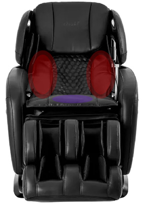 Pro Alpina black variant and an illustration of the twin heating system in the lumbar area and vibration plate in the seat