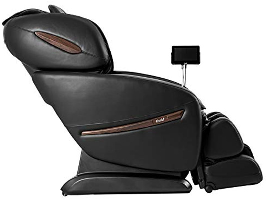 Osaki Pro Alpina with black PU upholstery, black exterior, and a tablet mounted to one side