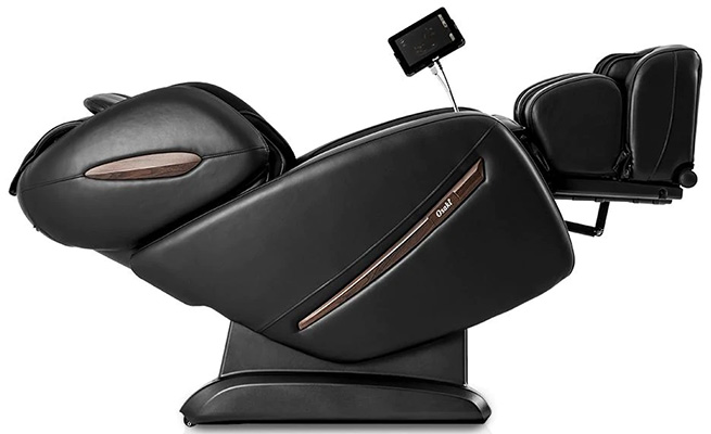 Osaki OS Pro Alpina black variant in zero gravity recline with the legports elevated slightly above the heart