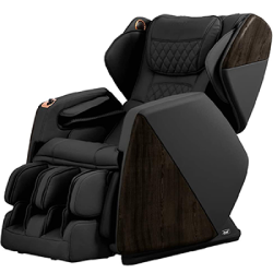 Osaki Soho massage chair with black PU upholstery, matte black and black stained wood exterior, and black base